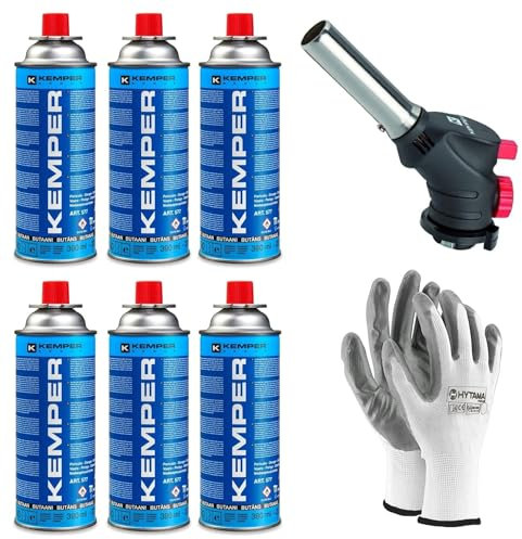 Kemper - Torcia Cannello a gas, Scottatore da Cucina, Caramellatore + Ricarica di Gas Butano da 227 g, multifunzione + Guanti Omaggio (6 BUTANO + CANNELLO)