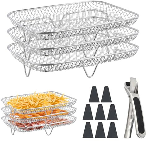 Mapille Airfryer Zubehör, 3 Schichten Edelstahl Air Fryer Rack, Heißluftfritteuse Zubehör Kompatibel mit Ninja Dual AF300EU/AF400EU, Stapelbarer Grillrost für Fleisch, Pommes, Gemüse