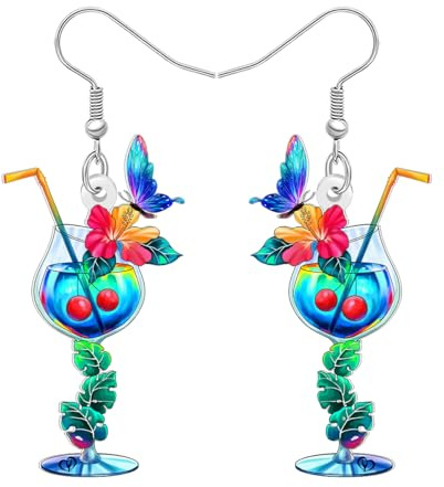 BAMAY Acrylic Floral Wine Glass Margarita Earrings Lightweight Dangle Flower Fruit Butterfly Jewellery Wine Gifts for Cocktail Lovers Women Mom Hawaiian Vacation (Blue)