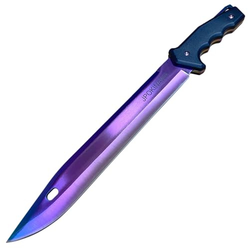JPOKINAWA Lama Sbiadito anodizzato 40cm Bowie Machete【Tipo di coltello lungo】 Grande Coltello da sopravvivenza - Tang completo Lame in acciaio ad alto tenore di carbonio 58 HRC con fodero in nylon