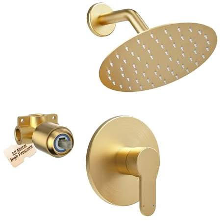 HomGoo Shower Faucet Set with Valve, Complete Set (Valve Included) with 6 Inch Rian High Pressure Shower Head, Brushed Gold