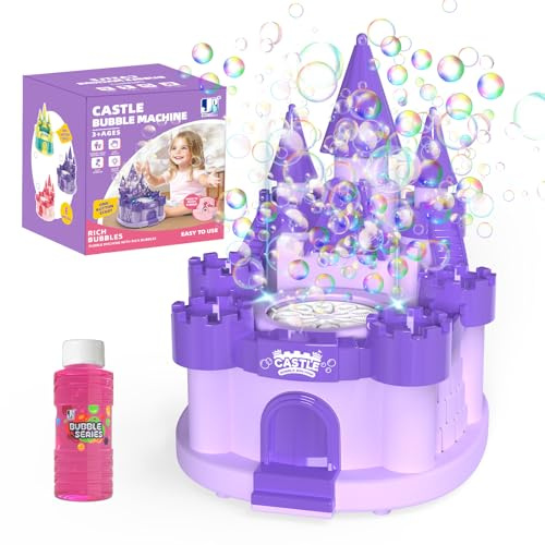 Babuloo Castle Bubble Machine for Kids, Automatic Bubble Maker Toys 10000+Bubbles Per Minute with 2 Shiny Lights/10 Holes/Solution, Light Up Bubble Machine for Outdoor Party Wedding Gift, Purple