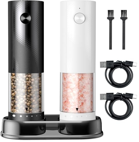 Electric Salt and Pepper Grinder Set, Rechargeable Automatic Salt & Pepper Mill with External Coarseness Adjustment, LED Light, Dust-Proof Base, Upgraded Larger Capacity for Home and Kitchen(2 Pack)