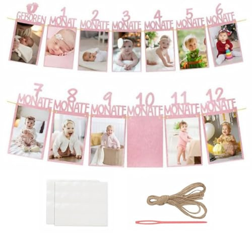 Decoración Cumpleaños 1 Año, Guirnalda Fotos 12 Meses Bebé, 13Pcs Tarjetas Cuerda Yute Pegamento Aguja Plástico, Pancarta Fiesta Cumple Mes Regalo Recuerdo Recién Nacidos