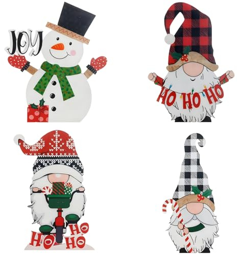 Vspek Christmas Table Decoration, Rustic Wooden Gnome Snowman Christmas Decorations, 4 Pcs Indoor Xmas Tiered Tray Decorative Table Sign for Home Living Room Office