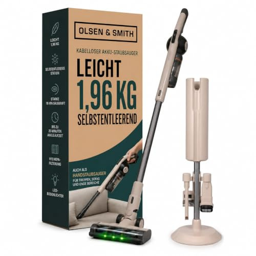 Olsen & Smith Self-Empty Cordless Vacuum Cleaner, 5.3kg Stick & Handheld | Lightweight Bagless Hoover, 18kPa Suction, 25min Runtime, H13 HEPA, LED Headlights, Pet Hair Car & Carpet, Home & Car, Cream