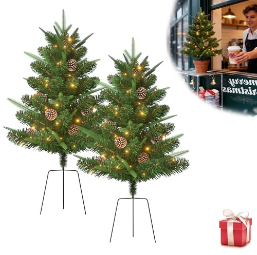 YRHome 2 Stück 76cm Weihnachtsbaum mit Pfostenträger Künstlicher Erdstecker Tannenbaum mit Beleuchtung Weihnachtsbaum Christbaum Dekobaum mit 30 warmweiß LED, Kiefernzapfen PE+PVC Mischung
