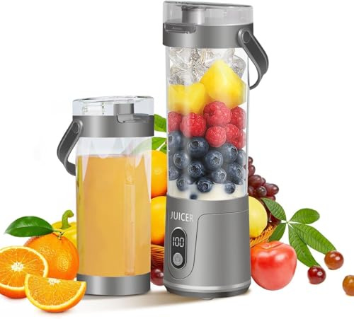 Mixeur portable 600 ml, mixeur portable pour shakes et smoothies avec couvercle à boire et brosse à bouteille, blender pour les déplacements, avec 6 lames et rechargeable par USB, sans fil