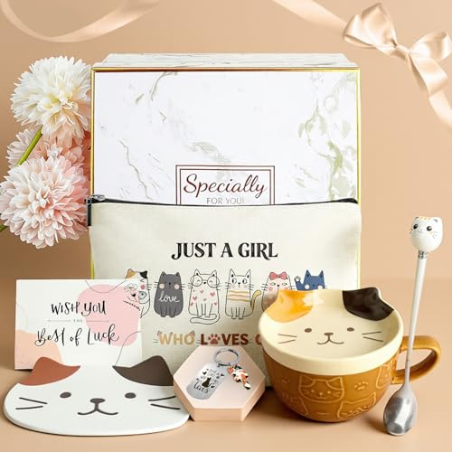 YYDSXK Regalos para Mujer, Juego de Taza Gato Kawaii, Taza de café y Té de Cerámica con Tapa Cuchara, Tazas Desayuno Divertidas, Idea Cumpleaños Navidad Regalos Originales para Niñas, Amigos, Mamá