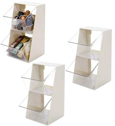 DELORIGIN Paquete de 3 soportes acrílicos para cápsulas de café, organizador de cápsulas de café beige de 2 niveles, almacenamiento vertical compacto para K-Cups, bolsas de té, caja de soporte para