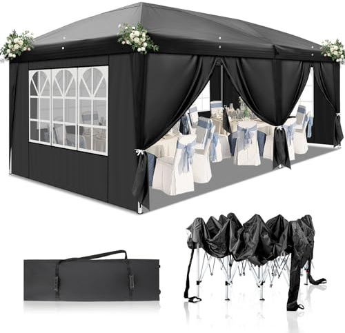 BreezTerra Pavillon 3x6 m,Faltpavillon Wasserdicht Windfest UV 50+ Sonnenschutz, mit 6 Seitenwände,4 Fenster,Höhenverstellbare, Stabil Gartenzelt Partyzelt für Garten, Party, Terrasse,Schwarz
