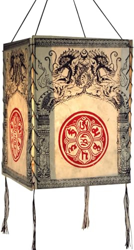 GURU SHOP Lokta Papier Hänge Lampenschirm, Deckenleuchte aus Handgeschöpftem Papier - Drachen Mandala Weiß, 28x18x18 cm