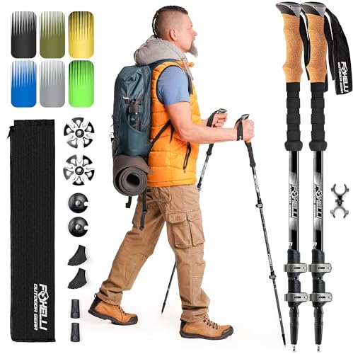 Foxelli Trekking Poles – Lightweight Collapsible Aircraft Grade Aluminum Hiking Poles with Cork Grips Quick Locks & All-Terrain Accessories – Pair of 2
