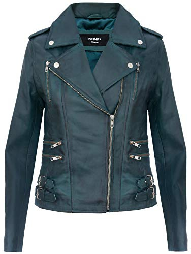 Damer retro 100 % nappa-läder bikerjacka, Blågrön, L