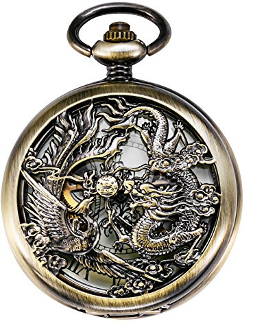 TREEWETO Reloj de bolsillo analógico para hombre con cadena, cuerda manual, diseño de dragón, fénix, esqueleto de bronce