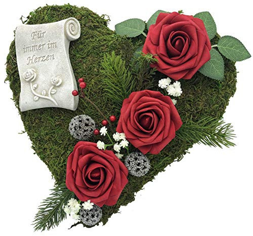 Grabgesteck Grabschmuck Grabaufleger Moosherz Grabherz Trauerherz Grab Herz Gesteck Rosen mit Schriftrolle Für Immer im Herzen (Rosen Rot)