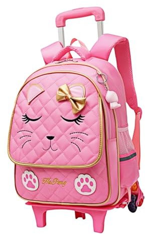 Rolling Backpack for Girls Trolley School Bags Cat-face Kids Backpacks with Wheels Carry-on Travel Luggage, 6 Wheels Pink, L, Only Rolling Backpack