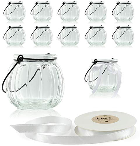 WeddingTree 12 x Windlicht Glas mit Bügel und Dekoband weiß - Teelichtgläser - Einfach Abnehmbarer Metallbügel - Deko für Hochzeit (Barock)