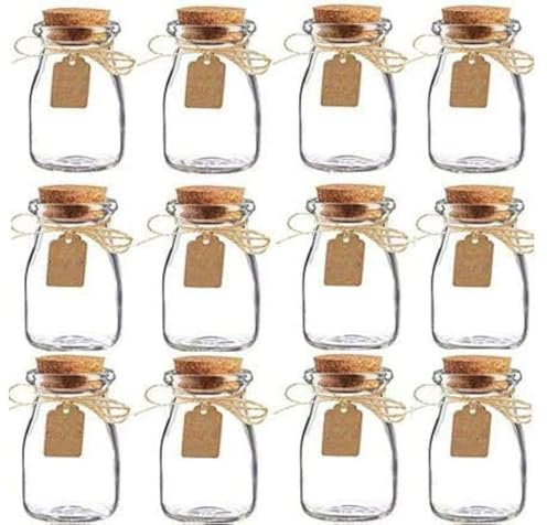 AmaJOY Paquete de 15 tarros de cristal con tapas de corcho, tarjeta de acompañante y cordel, regalo de boda, fiesta, botellas de miel de vidrio vintage .