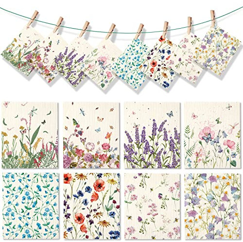 8 Pieces Wildflowers Kitchen Dishcloths Kitchen Towels Set Butterflies and Flowers Absorbent Dish Cleaning Cloths Reusable Sponge Quick Drying Cleaning Wipes for Home Kitchen Cleaning
