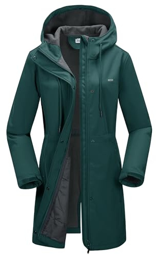 33,000ft Women’s Softshell Jacket with Hood Waterproof Ladies Functional Jacket Fleece Lined Windbreaker Breathable Raincoat Hooded Long Coats for Cycling Hiking Outdoor Dark Green 2XL