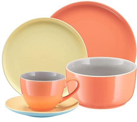 VILLA ITALIA BORNEO Exklusives 30 - teiliges Porzellan Service für in Orange - Grau - Gelb - Geschirrset - Ess Service 6 Personen - Kaffeeservice - Porzellan Geschirr Set