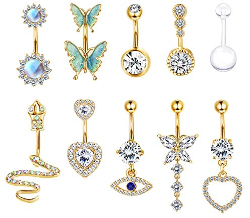 Milacolato 14G Bauchnabel Piercing Ring Belly Bar Kit Chirurgenstahl Edelstahl Dangle Bauchnabelpiercing Schmuck Lange Kette CZ Mondstein Schlange Herz Schmetterling Bauchnabel Pack Gold
