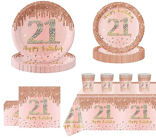 POPOYU 69Pcs Rose Gold 21st Birthday Party Tableware 16 Guests,21st Rose Gold Party Paper Plates Tablecloth Paper Cups and Napkins Tableware Set Her Birthday Gifts Party Supplies Table Decorations