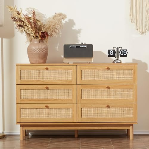 DHMAKER 6 Drawer Rattan Dresser, 48 Modern Double Dresser for Bedroom, Wide Chest of Drawers, Wood Storage Cabinet for Bedroom, Entryway, Living Room, Hallway