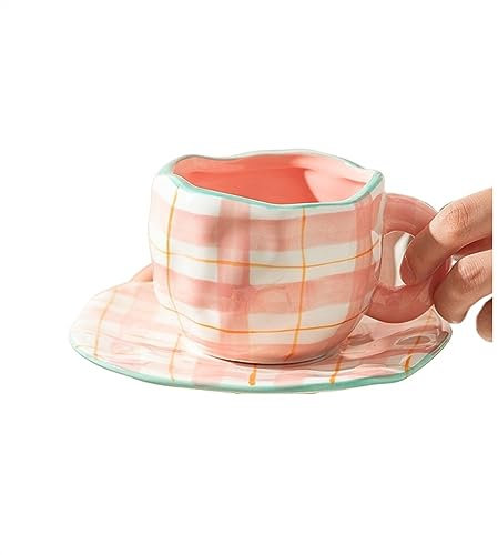 ESOUY Coffee Mug Hand-Painted Flower Ceramic Coffee Cup Home Office Mug with Plate Spoon Breakfast Milk Juice Tea Handle Cup Drinkware Set Tea Cup (Color : 3)