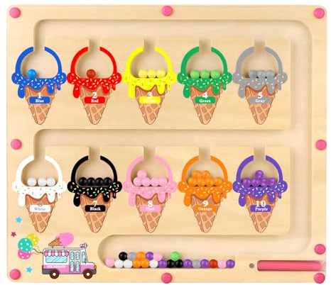 wakeInsa Magnetic Color and Number Maze,Montessori Toy for 2-5 Years Old Girls,Wooden Magnet Balls Puzzles,Toddler Busy Board Game,Preschool Learning Activities,Christmas & Birthday Gift for Kids