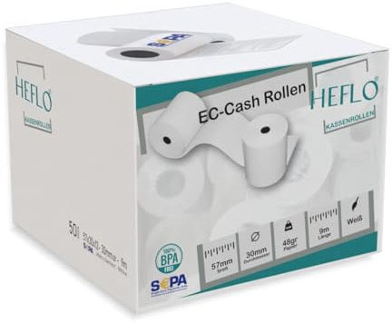 100 HEFLO 57mm X 30mm, 9m lang, BPA frei, SEPA Text, 48 g Thermopapier Kassenrollen, z. B. für SumUp 3G, Bixolon SPP-R210, Worldline YOXIMO u.v.a.