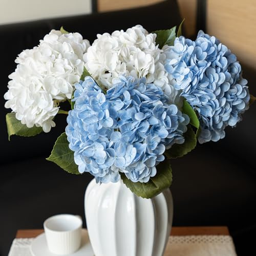 DUYONE 4 hortensias artificiales grandes de látex para boda, oficina, hogar, fiesta o decoración, 2 blancas y 2 azules