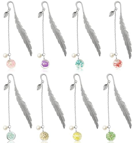 8 Stück Lesezeichen aus Metall, Vintage Lesezeichen mit Blatt Eternal Dry Flower Pearl Anhänger, Buchzeichen Geschenk für Leseratten