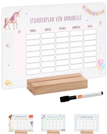 Bärenfreunde® - Personalisierbarer & Abwaschbarer Stundenplan aus Acryl + Stift, Holzhalter - Einschulung Geschenk, Schultüte zum Schulanfang oder Grundschule (Einhorn,ohne Holzhalter)