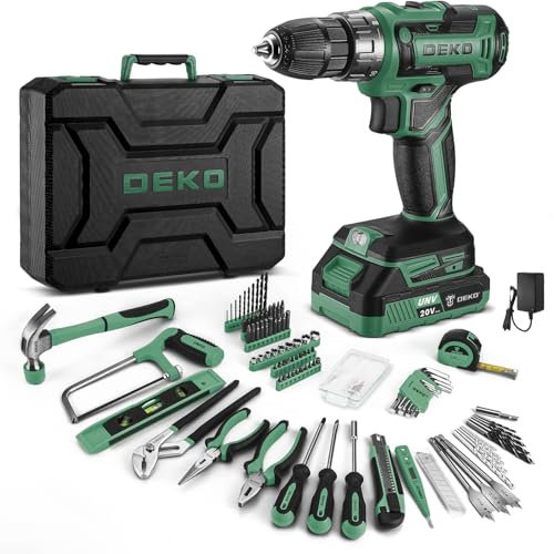 DEKO Cassetta Attrezzi Completa con Trapano Avvitatore Batteria 20V, 186 Pezzi, Set Completo di Punte(Verde)