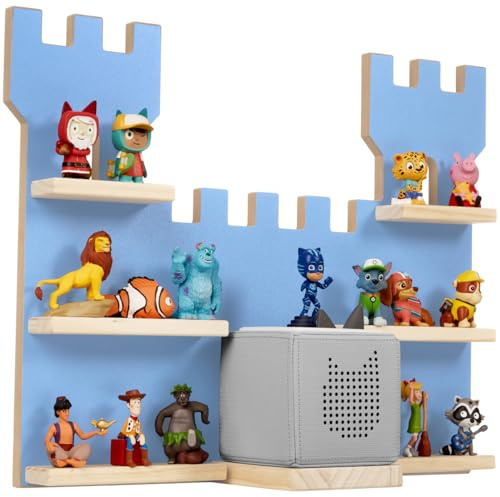 tectake® Holz Regal mit Magnetstreifen für Wand Montage, Tonieregal, Wandregal für's Kinderzimmer, Aufbewahrung Musikbox, für Tonies Tonie Hörfiguren und Toniebox - blau | Ritterburgoptik mit magnetischen Metallstreifen, abgerundete Ecken, integrierte Kabelführung, 15 kg Belastbarkeit, blau