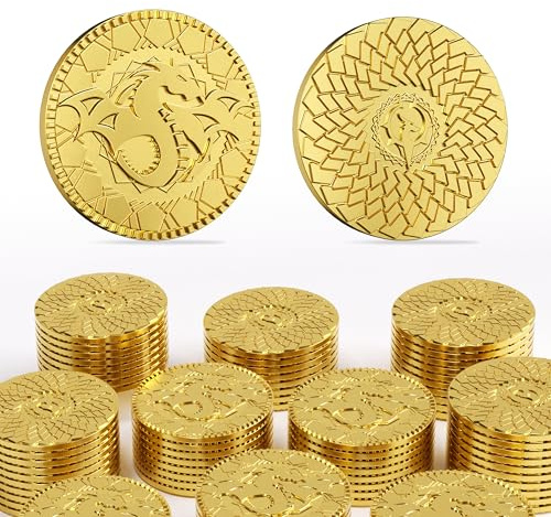 Byhoo Fantasy Goldmünzen aus Metall und Ledertasche für Dungeons & Dragons, Tisch-RPG-Brettspiele, Spielsteine, Schatzmünzen für Party, Tischspiele, Zubehör, Addons, Mittelalterspiel, 50 Stück