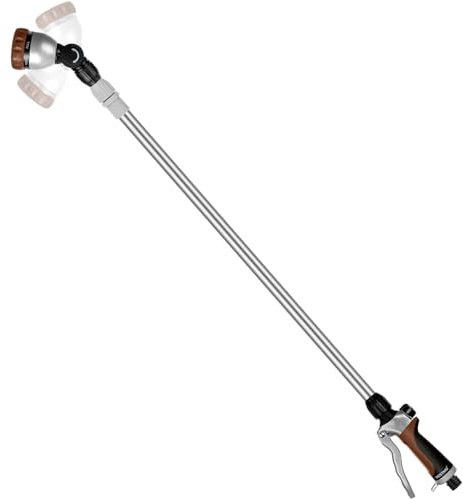 RESTMO 36”-60” (3ft-5ft) Metal Watering Wand, Long Telescopic Tube | 180° Adjustable Ratcheting Head | 7 Spray Patterns | Flow Control, Garden Hose Sprayer to Water Hanging Baskets, Shrubs, Brown
