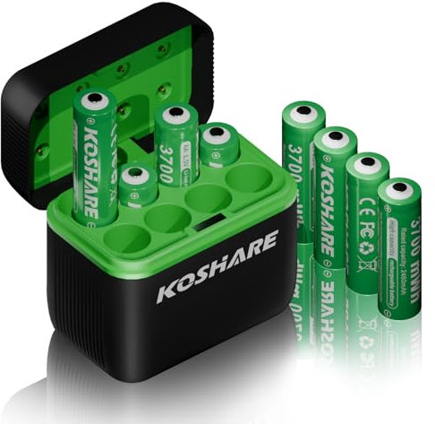 Lot de 8 piles rechargeables AA au lithium avec chargeur, 1,5 V, 3700 mWh, haute capacité, lithium-ion double A, rechargeables jusqu'à 1200 fois (noir + vert, 8AA + 8 emplacements)