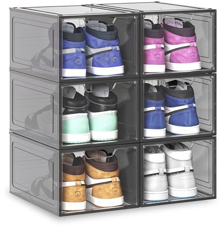 Blue Canyon Stackable Shoe Box, Interlocking Design, Plastic Shoe Storage, Magnetic Door Closure, Includes 6 Boxes, Stackable Storage Boxes, Under the Bed Shoe Storage, Ventilated Design, Black, Large