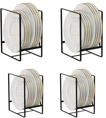 SHYICHENG Plate Rack Organiser 4 Pack, Metal Vertical Dish Storage Holder for Kitchen Cupboard Cabinet Countertop, Rustproof Plate Drying Stand for Bowls Plates Lids, 2 Sizes Included, Black