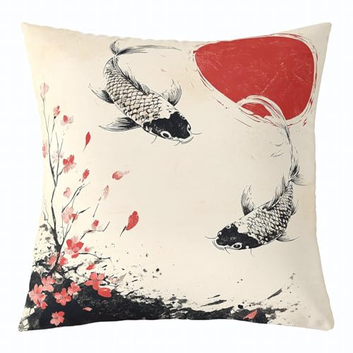 Set di 1 federe per cuscino quadrate con pesci, 60 x 60 cm, con fiori di ciliegio, reversibile, ultra morbide, floreali, botaniche, decorazione per la casa, stile giapponese esotico