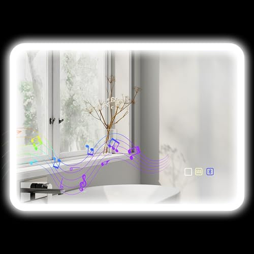 HOMCOM Miroir Salle de Bain Bluetooth 50 x 70 cm, Miroir Lumineux Salle de Bain Mural avec éclairage LED, Interrupteur Tactile, lumière réglable 3 Couleurs, Anti-buée, mémoire - Argent