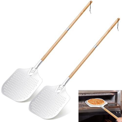Maxdot 2 Pcs Perforated Pizza Peel 12 x 14 Inch Aluminum Pizza Spatula with Detachable Wood 52-inch Long Extendable Handle for Baking Homemade Pie Bread