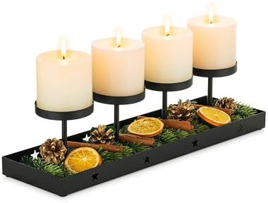 Sziqiqi Couronne de l'Avent Allongée Métal Noir: Support Moderne pour Couronne de l'Avent avec Porte-Bougies pour 4 Bougies Nabot - Plateau de Décoration de Table pour Noël