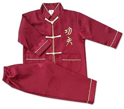Kids Chinese Kongfu Clothing Traditional Outfit Silk Satin Kung Fu Suit for Kid Long Sleeves Top Pant 2 Pcs Boys Girls Tai Chi Suits Button up Stand Collar Wing Chun Clothes Plain Kung Fu Clothing