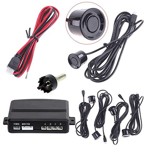 Assistenza al parcheggio 4 sensori Buzzer 22mm Kit sensori parcheggio auto Rilevatore radar backup inverso indicatori allarme sonoro sensori parcheggio(Nero)