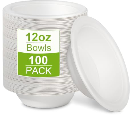 100 Pack Paper Disposable Bowls 12oz White Heavy Duty Biodegradable Dishes | Eco-Friendly, Sugarcane Rigid White Compostable Bowls Biodegradable Soup Microwavable Bowl for Party BBQ Picnic