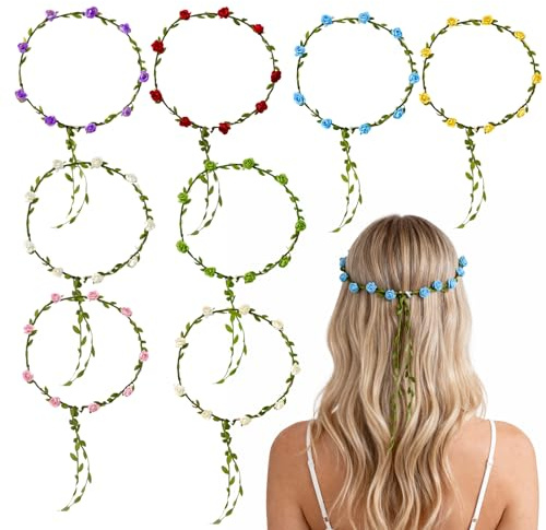 Blumenkranz Haare, 8 Stück Blumenkranz in 8 Farben, Pink, Weiß, Milchweiß, Rot, Grün, Gelb, Blau, Lila, Blumen Haarschmuck, Für Party, Kommunion Und Alltag